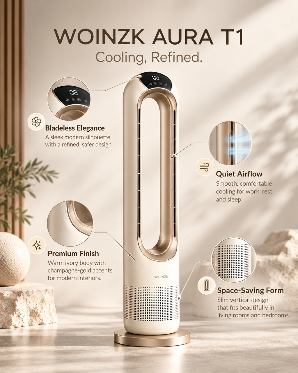 WOINZK AURA T1 Bladeless Tower Fan – Quiet Airflow with Premium Modern Design