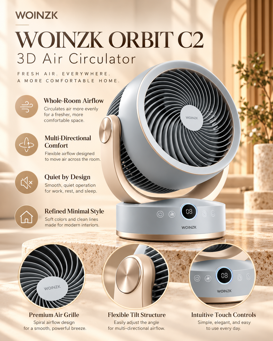 WOINZK ORBIT C2 3D Air Circulator – Natural Whole-Room Airflow, Refined