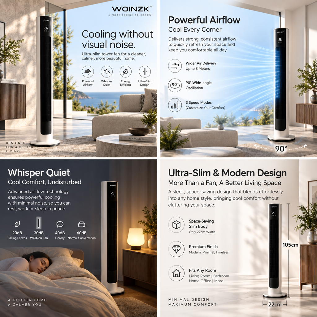WOINZK FLOW T4 Premium Slim Tower Fan – Quiet Comfort for Modern Interiors