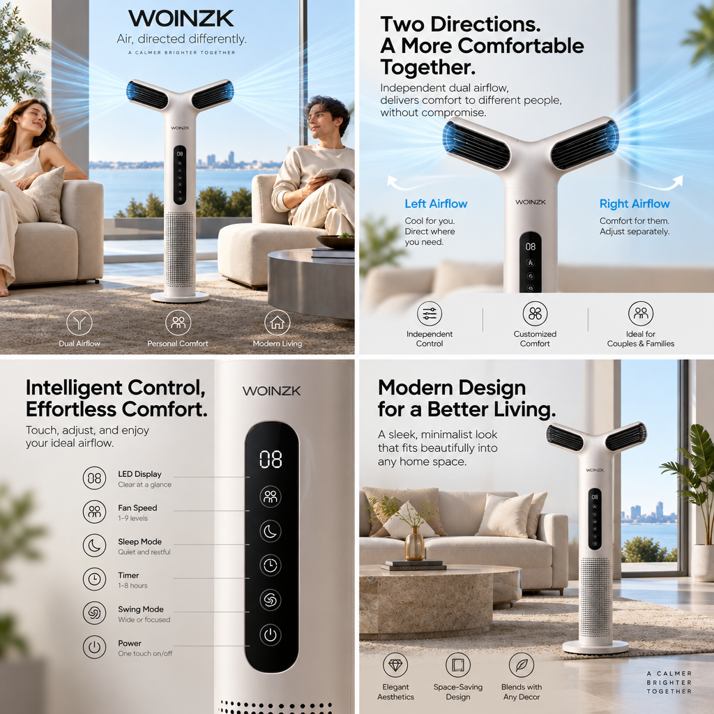 WOINZK AIRFRAME T8 Premium Dual Airflow Tower Fan – Intelligent Comfort, Refined